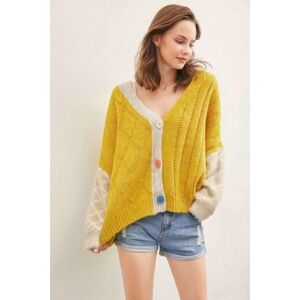 Patchwork Knit Cardigan V Neck Oversized Cozy Women